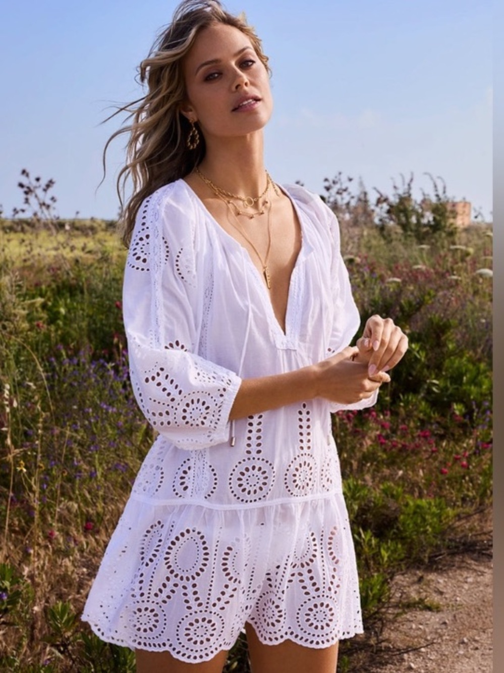 White broderie anglaise eyelet and lace dress - NWT, size S/M